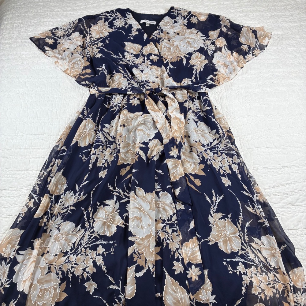 Sandra Darren Floral Maxi Dress Navy Chiffon Flutter Sleeve Surplice Belted XL